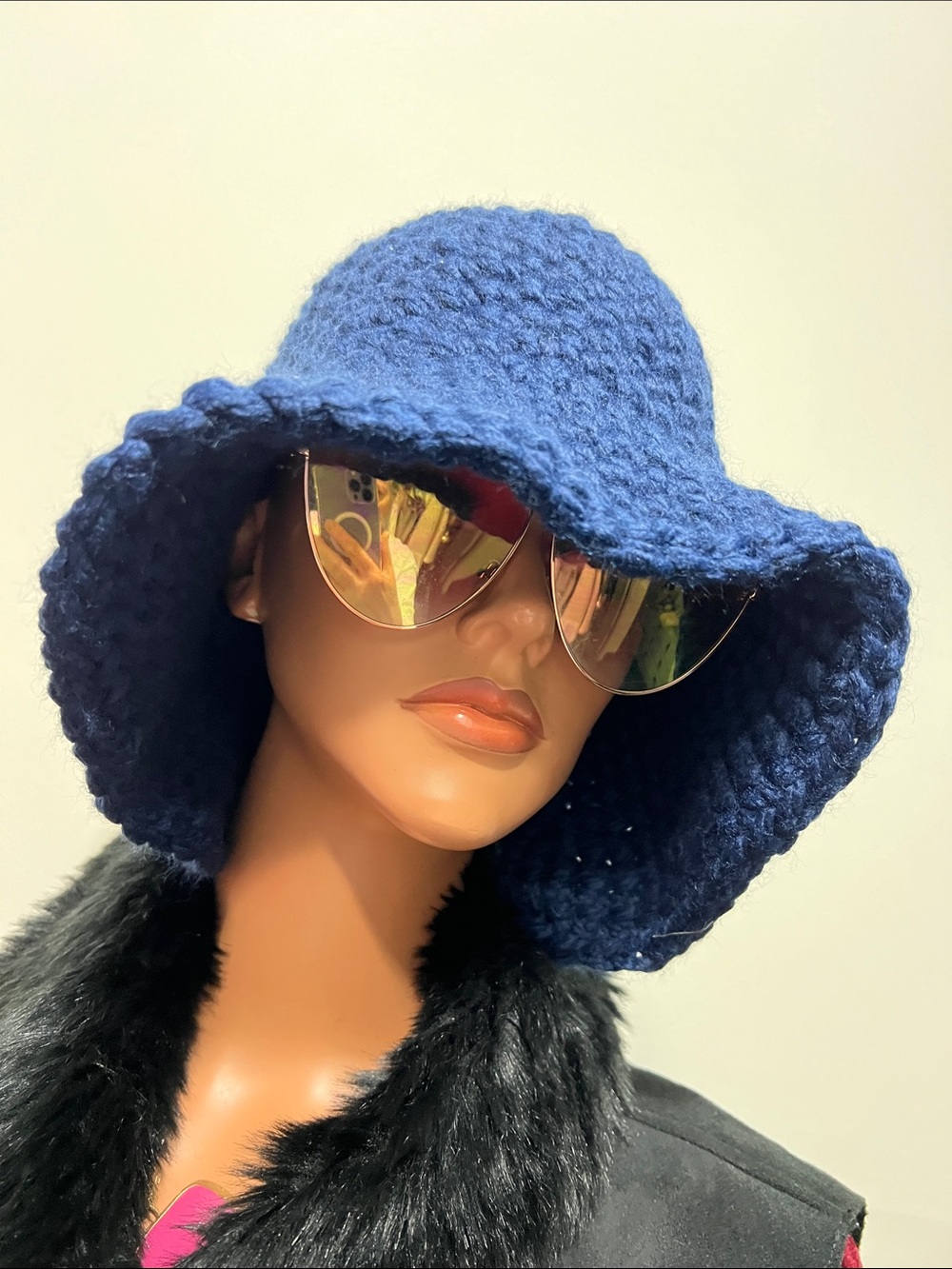 Hand-Crocheted Wide-Brim Hat in Navy Blue